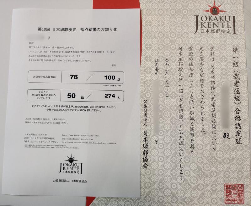 準1級の合格認定証